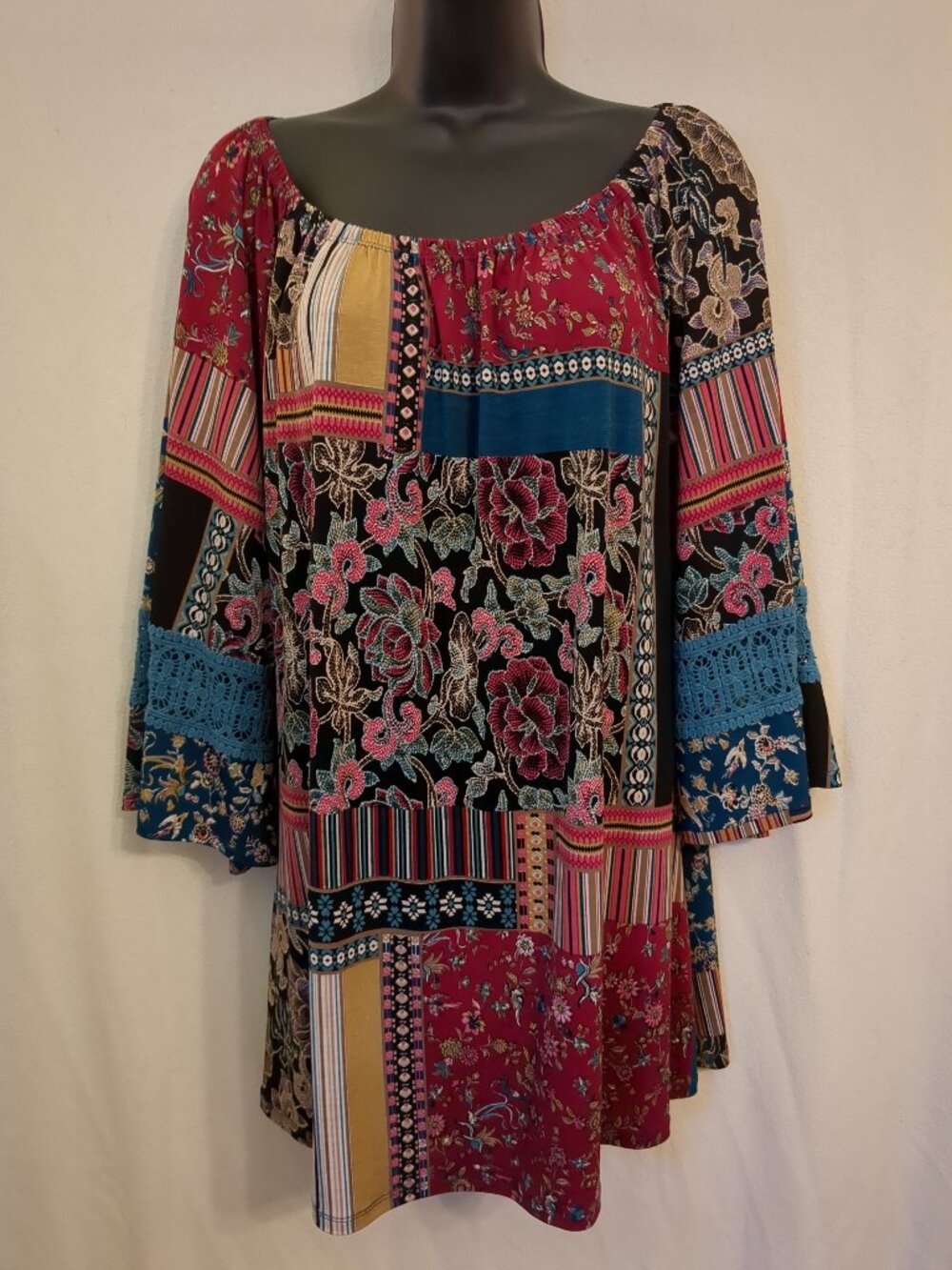 P2P 23"-30" 🌹🌼🌹Oversized Boho Patchwork Bell Sleeves Tunic Mini Dress